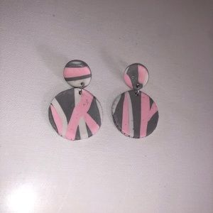 Grey, pink, and white striped earrings